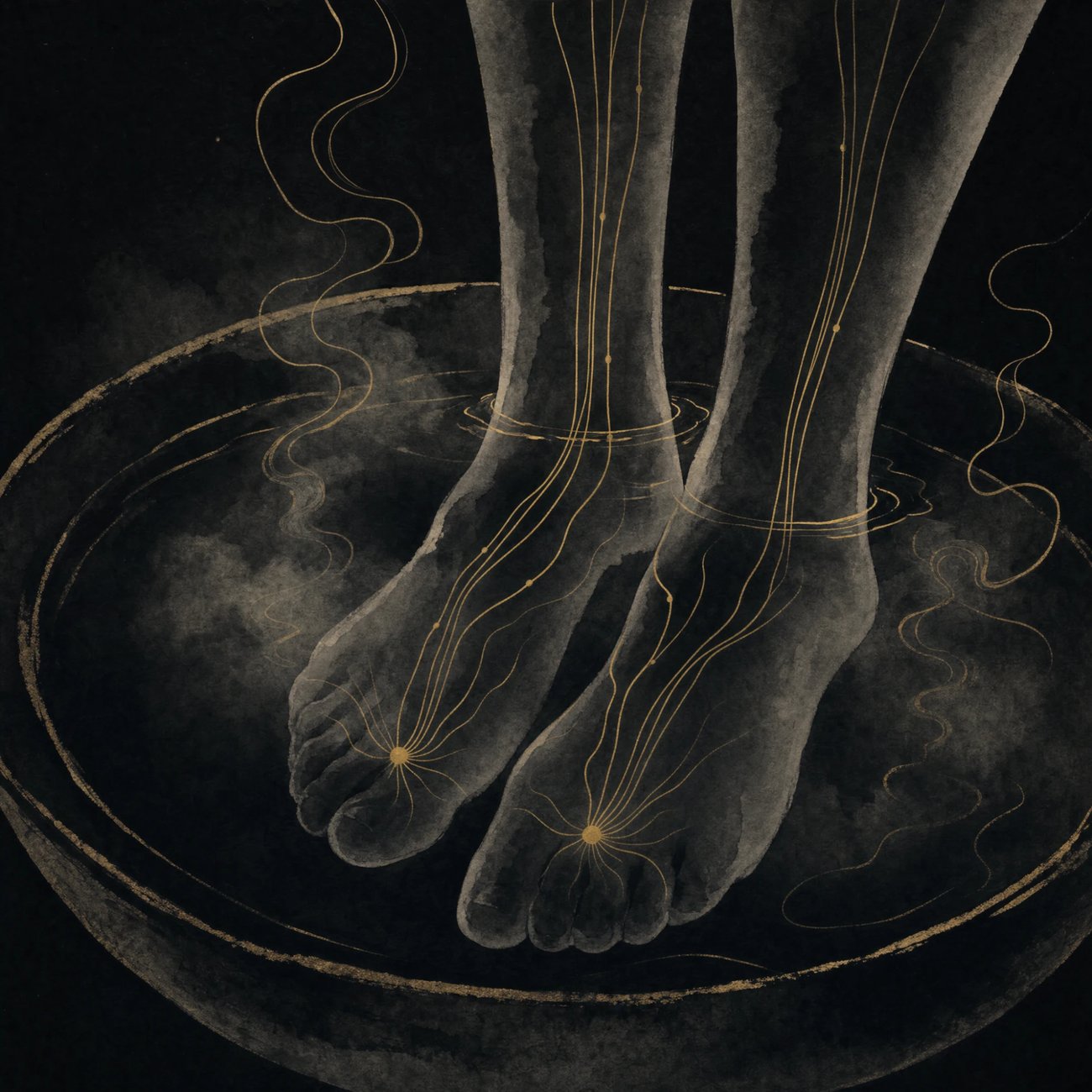 Close-up of bare feet submerged in a basin of steaming water, fine gold meridian lines rising from a point on the sole up through the ankles