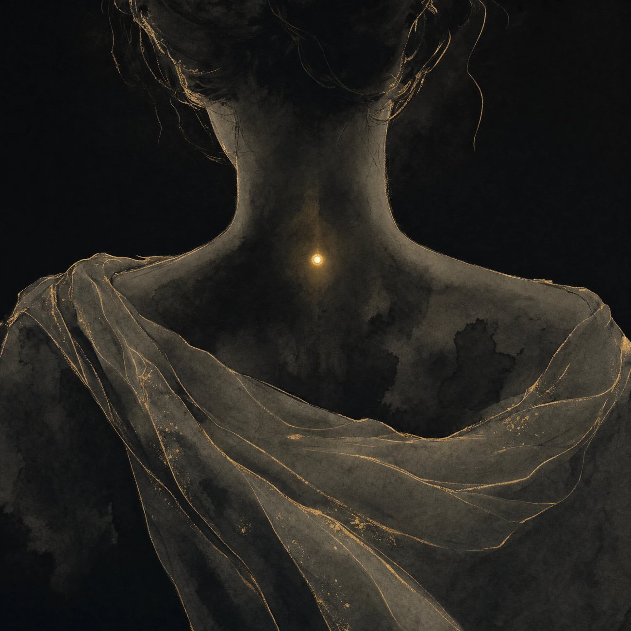 Close-up of the back of a neck and shoulders draped with a thin scarf, a single gold point glowing at the base of the neck marking an acupoint