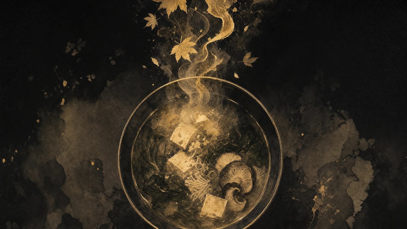 A steaming bowl of soup viewed from above, gold steam rising and dissolving into shapes resembling falling autumn leaves