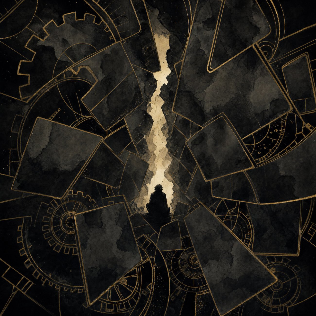Abstract gold-linework clock gears and screen-shaped fragments closing in around a small dark silhouette, with a single gap of light breaking through