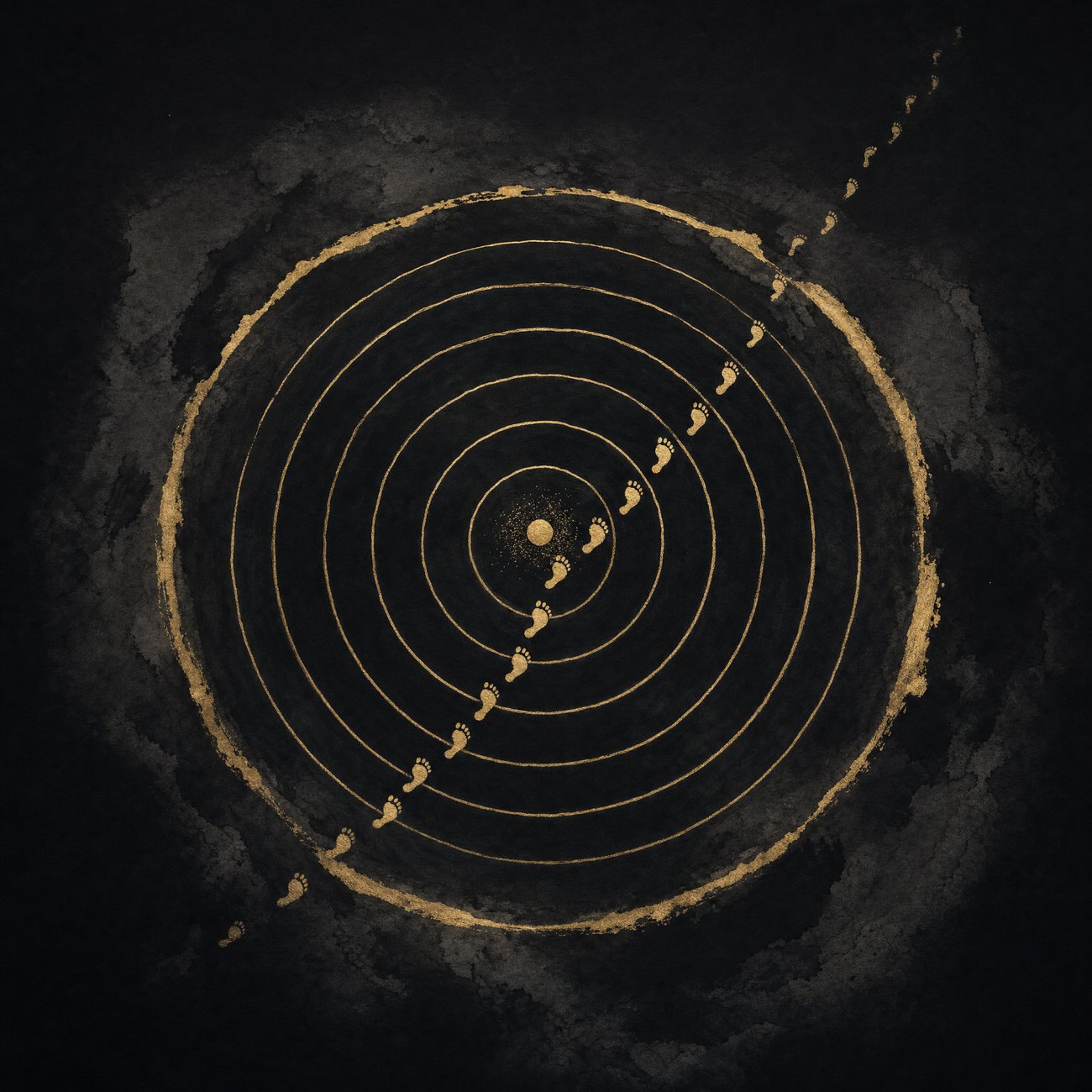 An overhead view of concentric gold-linework circles with a single line of footprints breaking outward through the outermost ring, against a near-black background