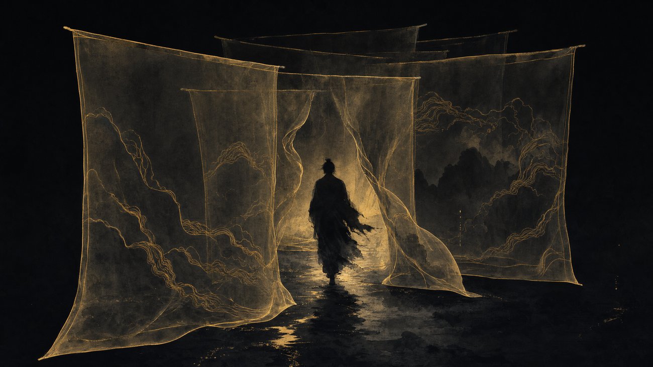 A dark silhouette walking through several layered, semi-transparent gold-linework veils, one after another, against a near-black background
