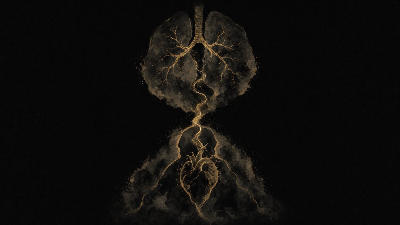 An hourglass-like silhouette formed by two dark shapes — a lung form above, a body and heart form below — connected only through a single narrow spiraling thread of gold breath at the center