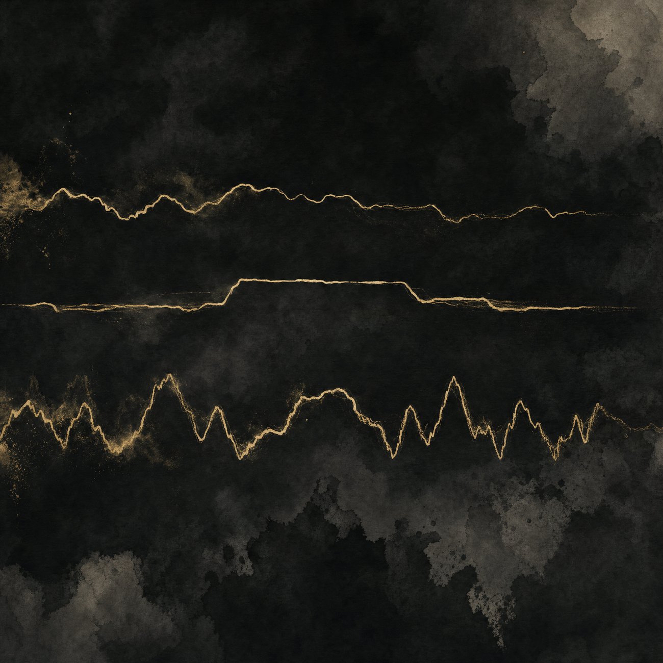 Three overlapping breath-line patterns rendered in fine gold linework against a near-black background — one tight and choppy, one flat and suspended, one shallow and clipped high