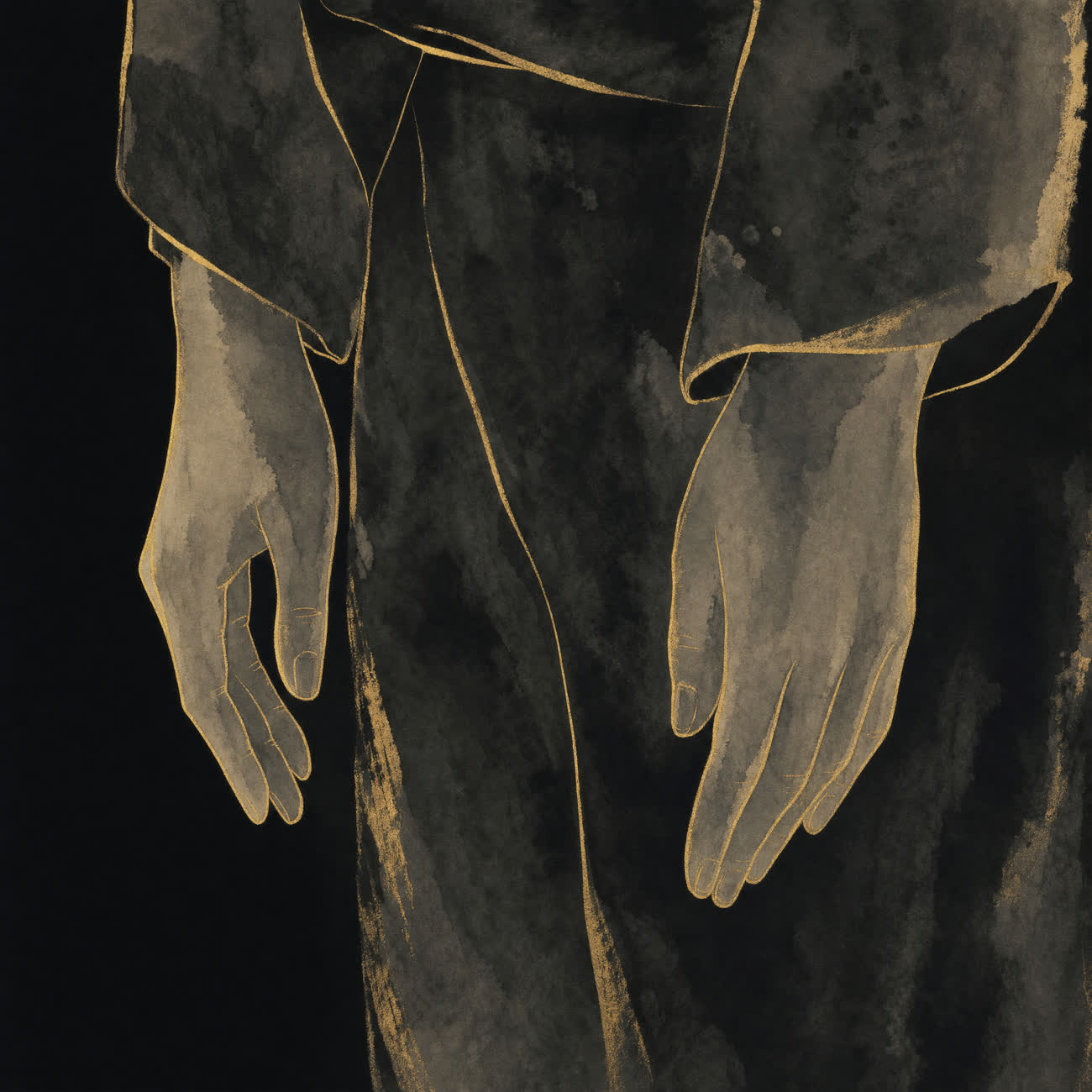 Ink illustration of two hands hanging naturally at the sides, palms resting against the thighs