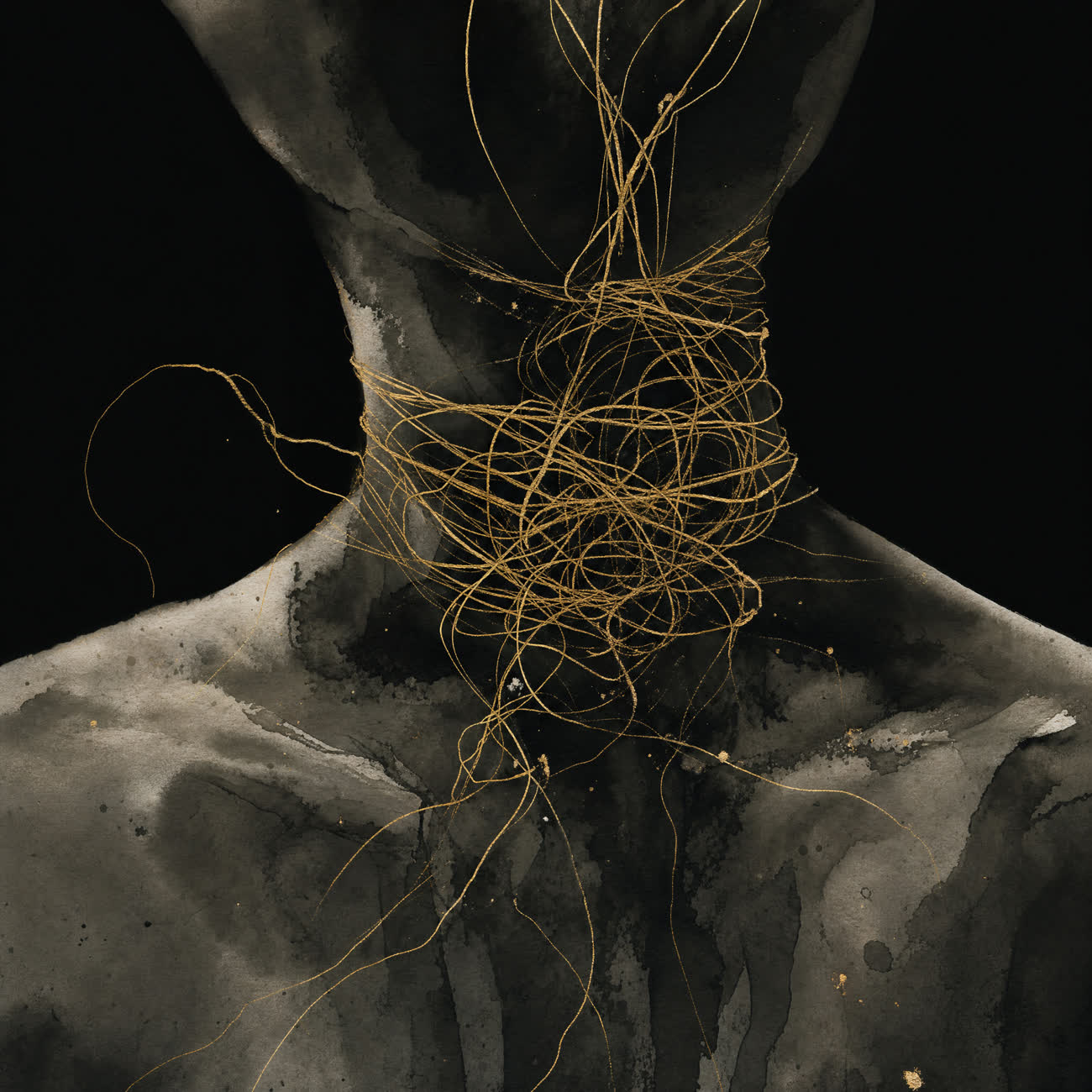 Ink illustration of energy tangled and stalled around the throat and shoulders, unable to flow downward