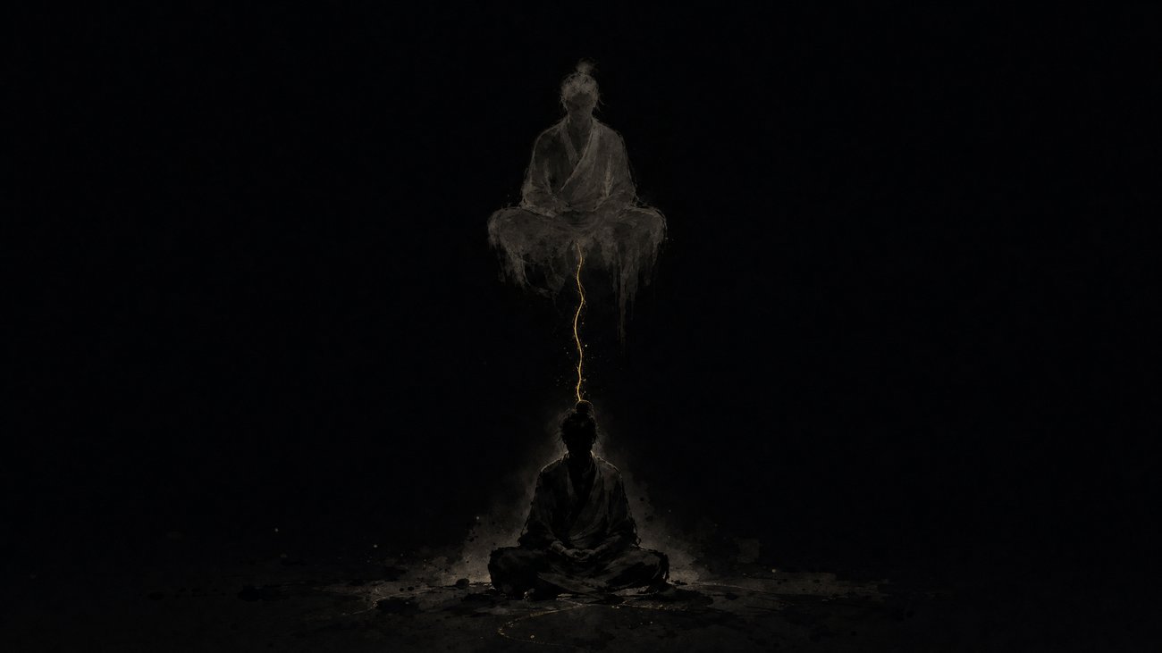 A translucent, ghost-like figure floating above a seated meditator, connected to the body below by a single thin thread of gold light