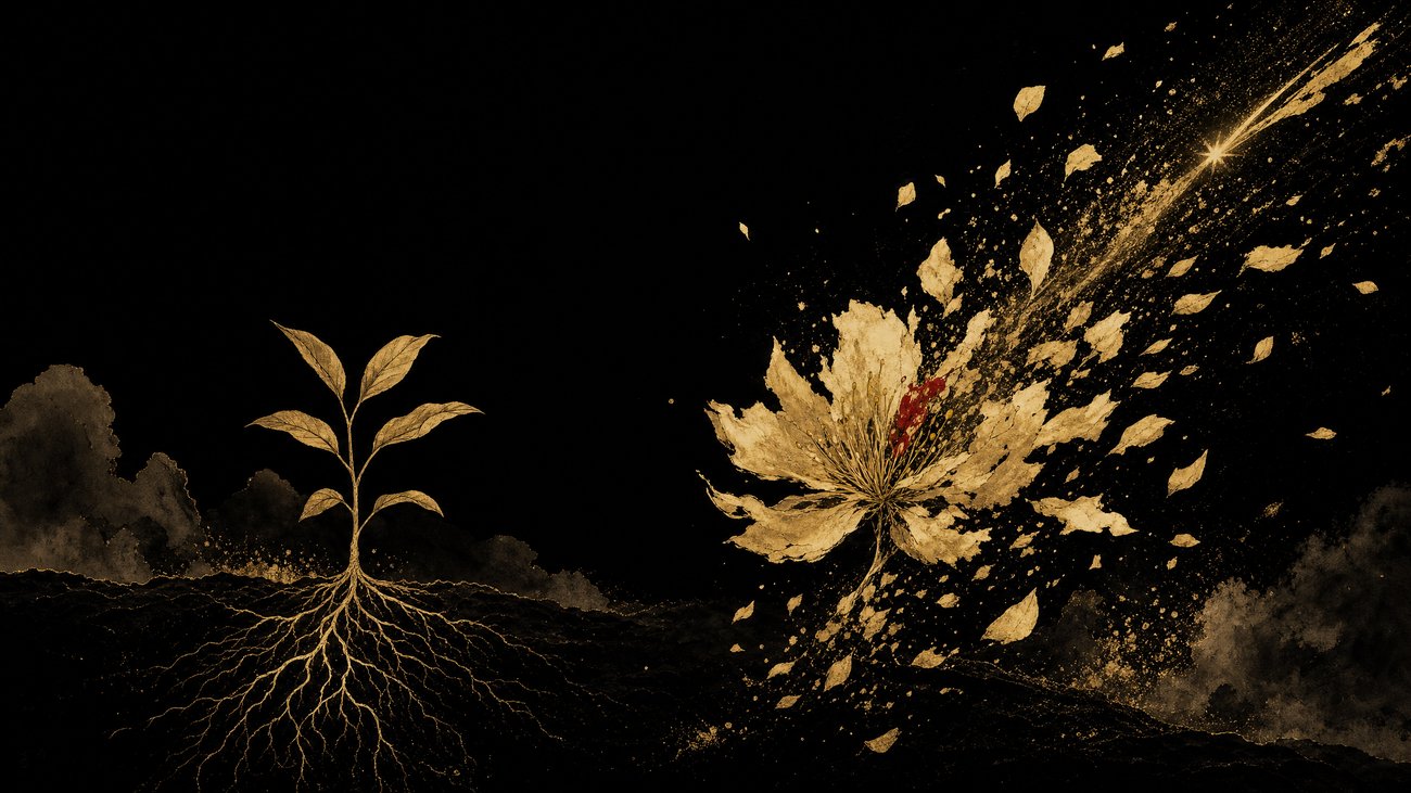 A small plant with deep roots growing steadily in dark soil, contrasted against a single flower bursting apart into scattering petals and a streaking shooting star