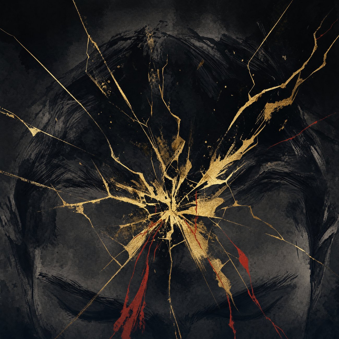Jagged cracks of golden light violently radiating outward from a single point, like shattered glass, against a near-black background