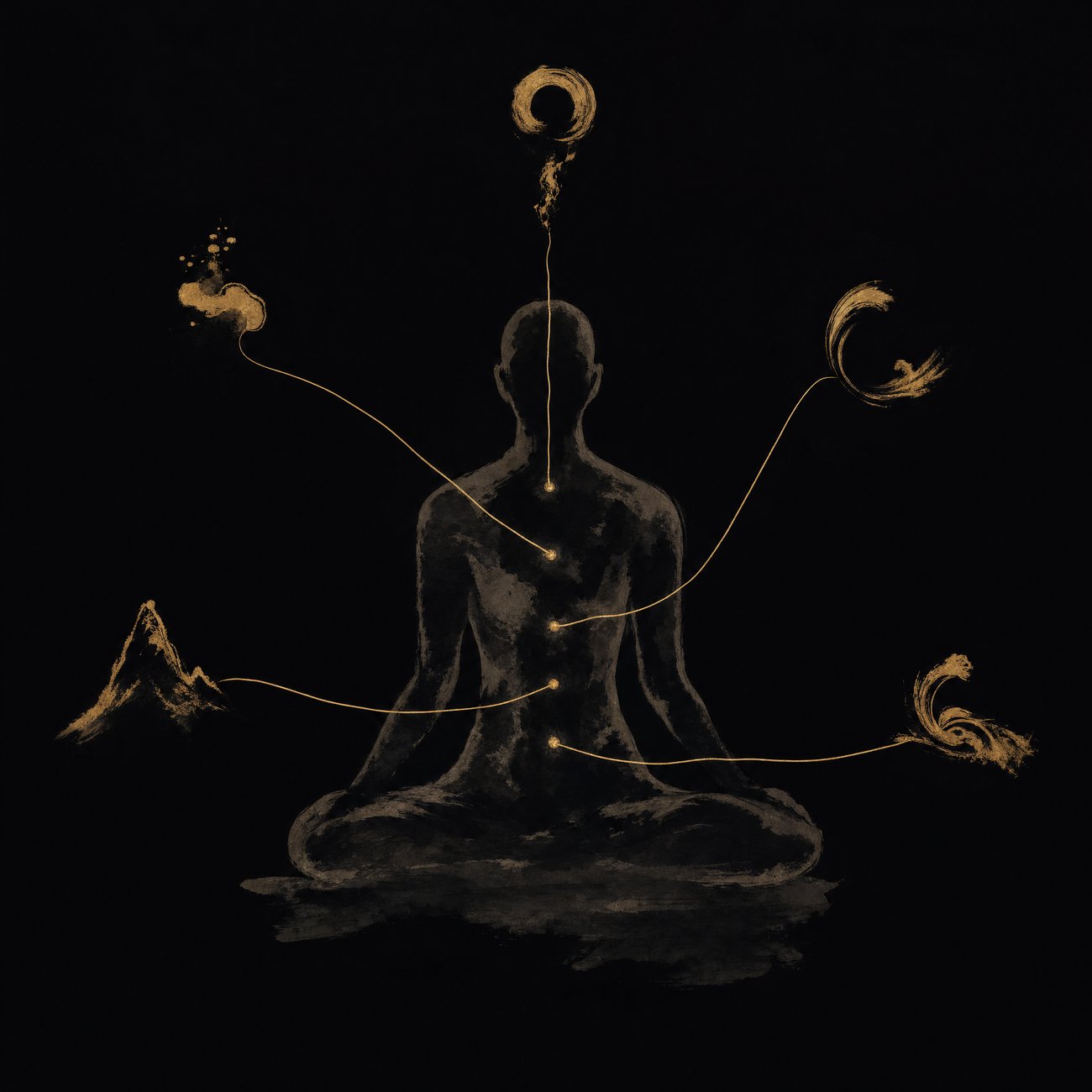A minimal ink silhouette of a seated figure with five fine gold threads running from distinct points into the torso, each ending in a small brushwork symbol