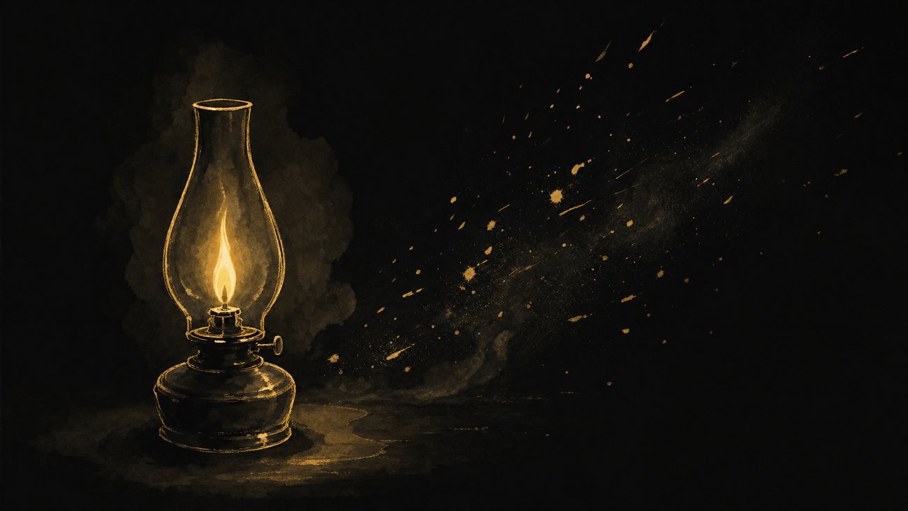 A single steady oil-lamp flame glowing warm gold in complete darkness, with a scatter of wind-blown embers dissipating at the edge of the frame