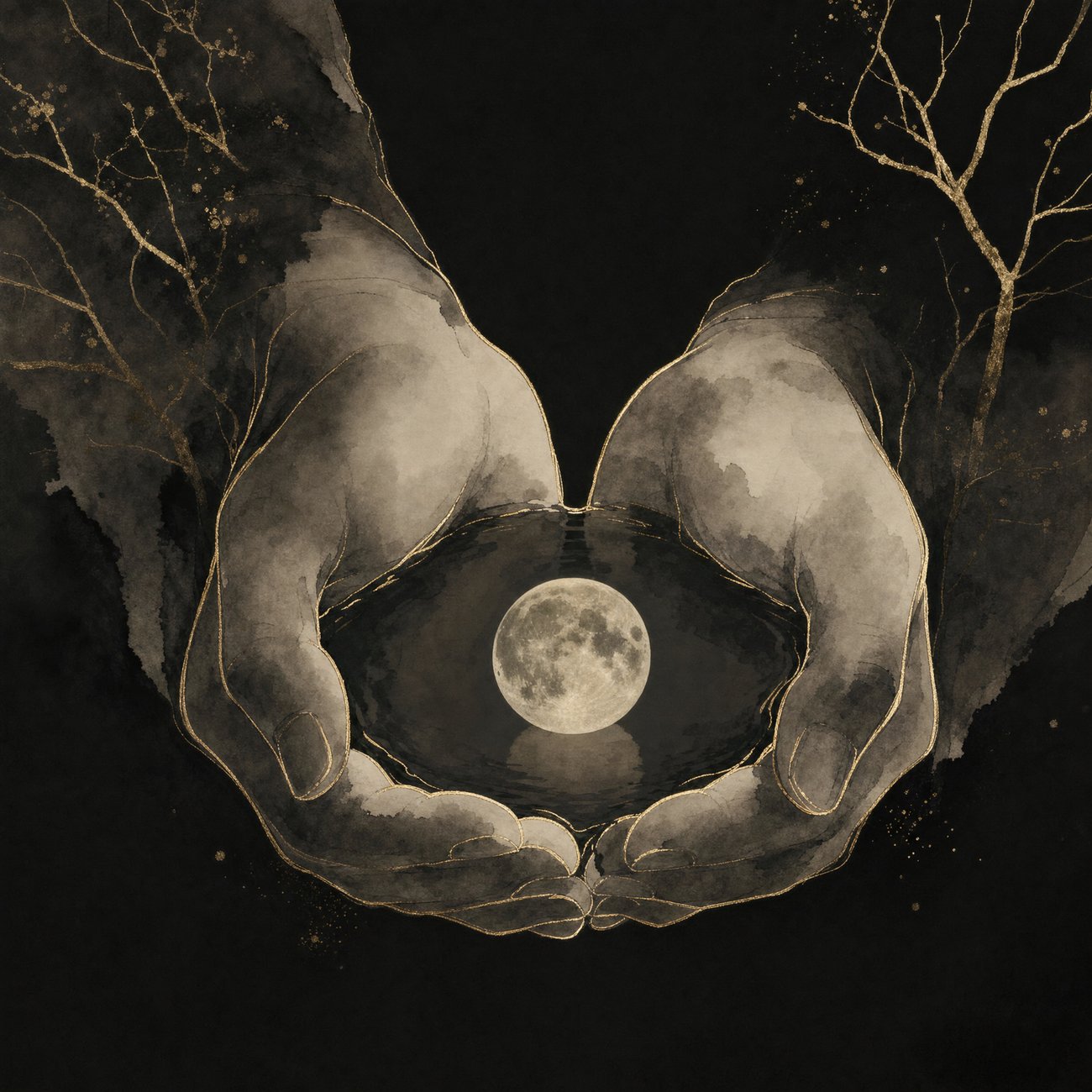 Two cupped hands holding a small pool of dark water that perfectly reflects a full moon, rendered in fine gold linework against a black background
