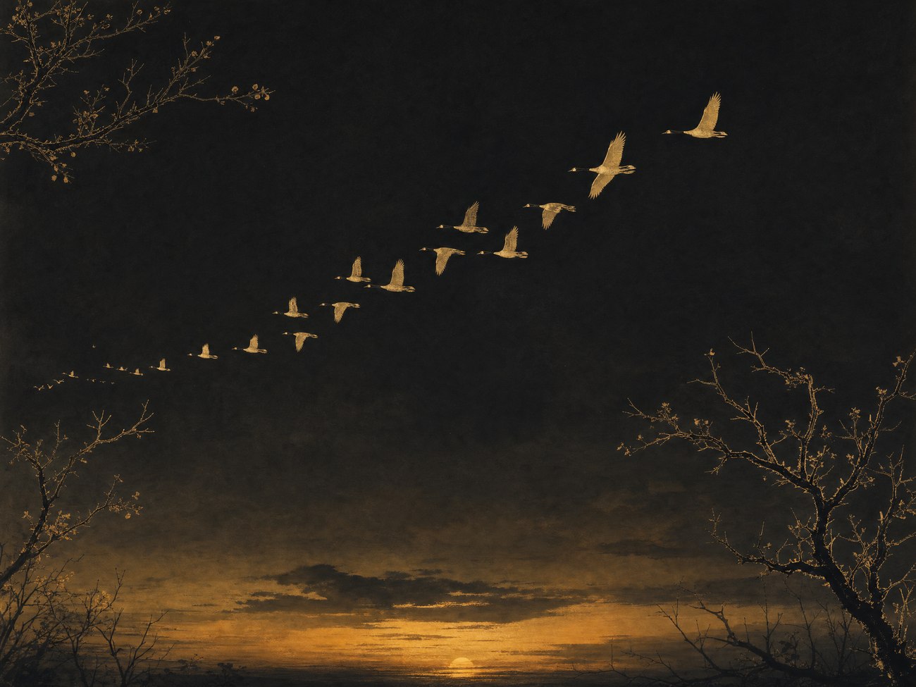 A long formation of wild geese flying across a darkening autumn sky at sunset