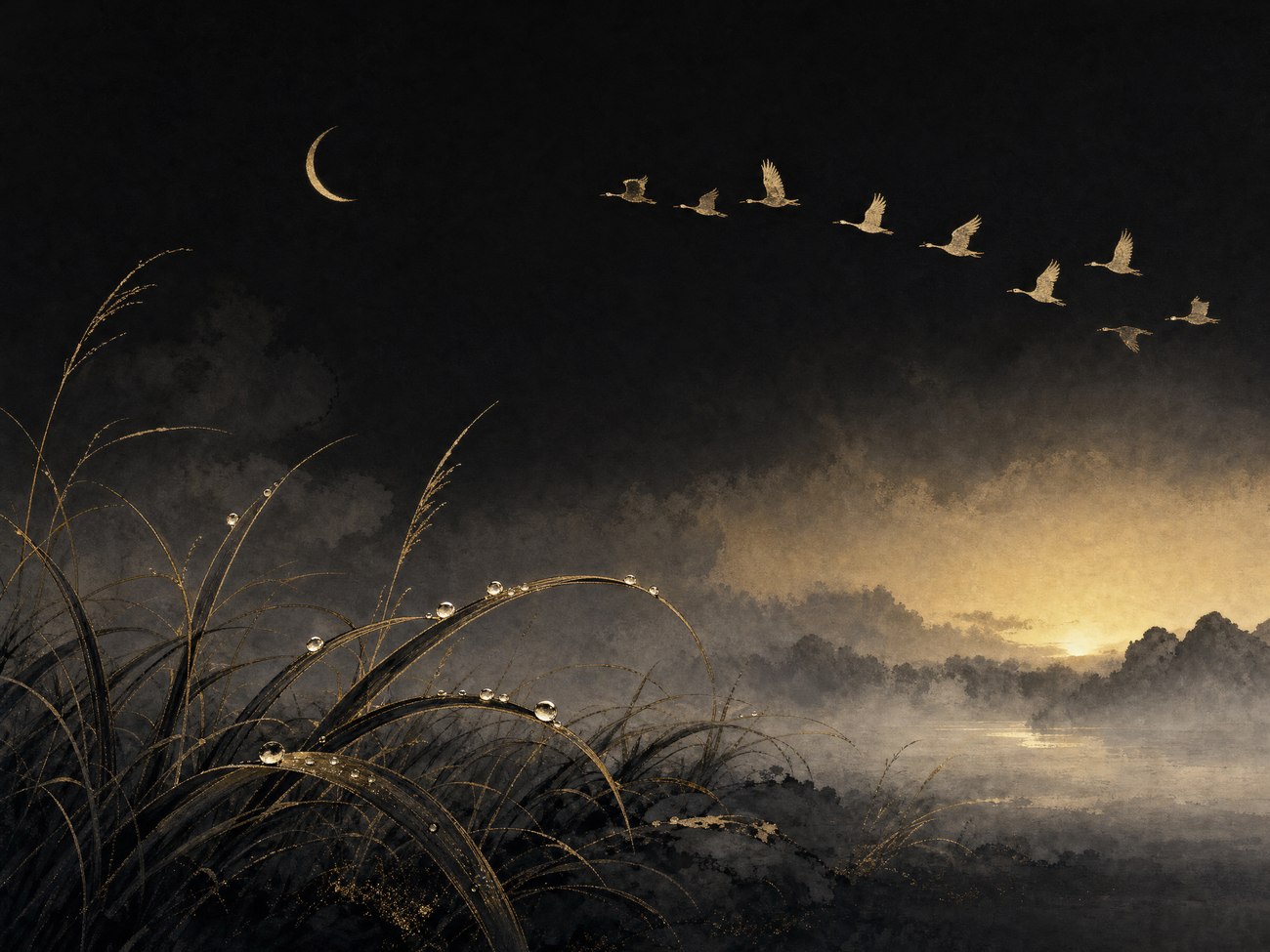Dew drops catching moonlight on curved grass blades at dawn, with wild geese flying overhead