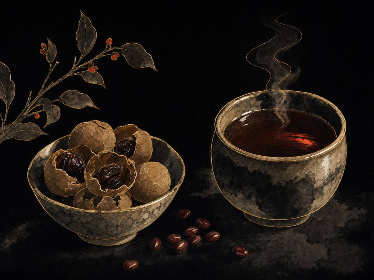 A bowl of dried longan fruit and a steaming cup of sour plum and red bean tea