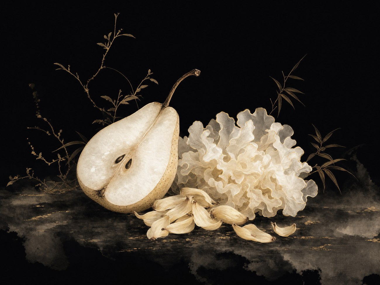 A sliced pear next to dried snow fungus (white tremella) and dried lily bulb petals
