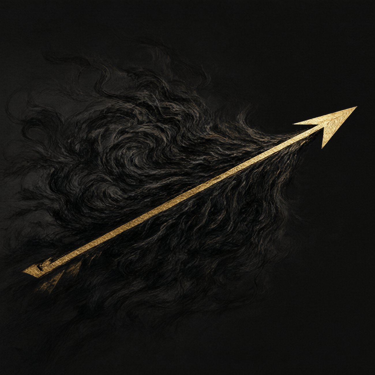 Chinese ink wash illustration of a single gold arrow cutting cleanly through a swirling mass of dark chaotic ink strokes