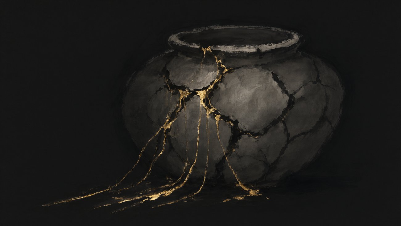 Chinese ink wash illustration of a cracked vessel with threads of gold leaf bleeding out through the cracks and dissolving into darkness