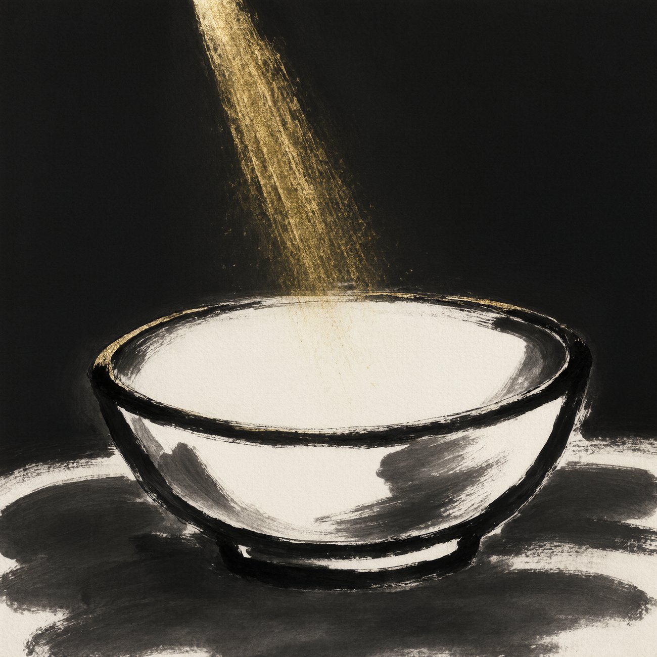 Chinese ink wash illustration of a single empty bowl with a thin shaft of gold light falling into it, nothing inside yet