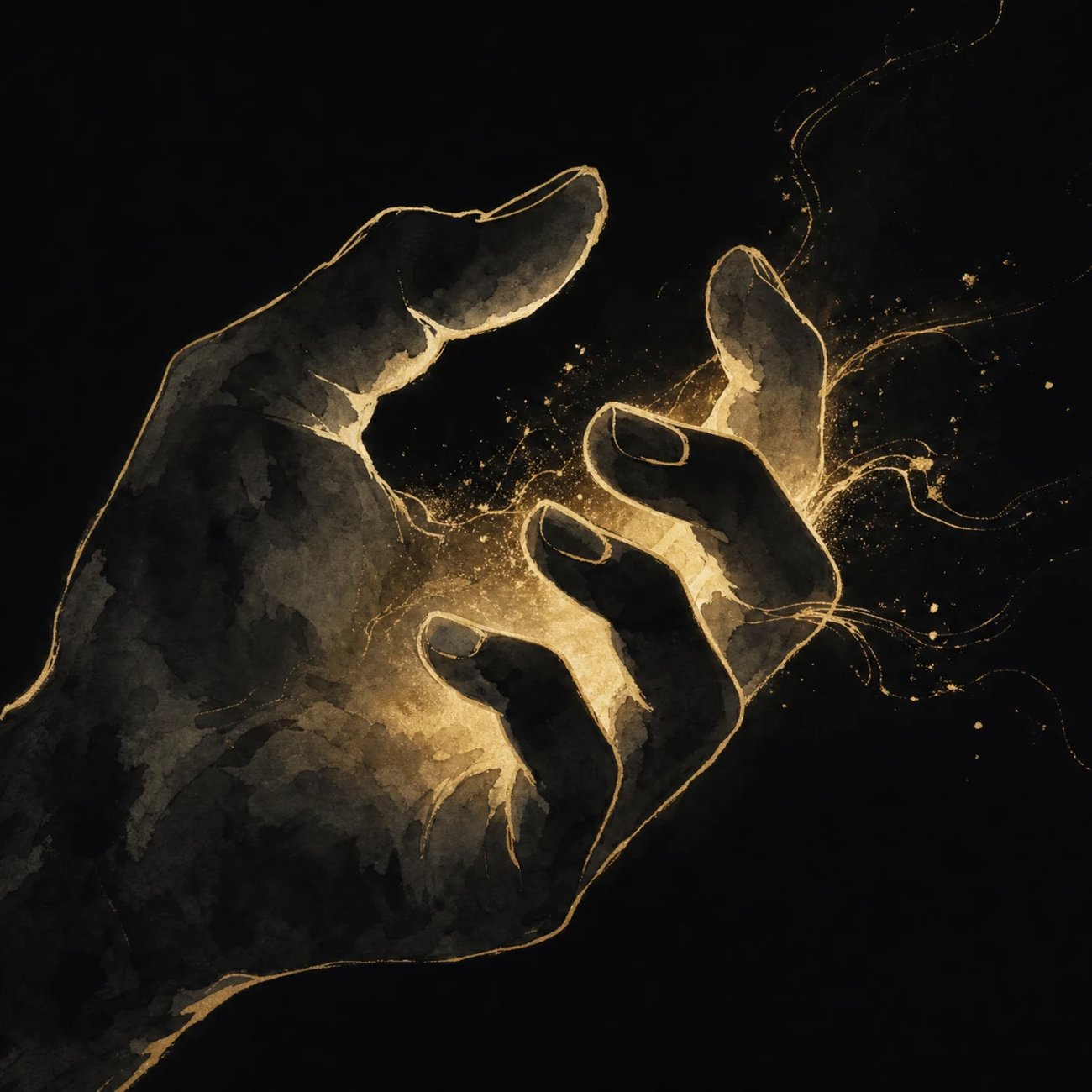 A loosely closed fist slowly opening in dark ink silhouette, fine gold light escaping outward between the fingers as it releases