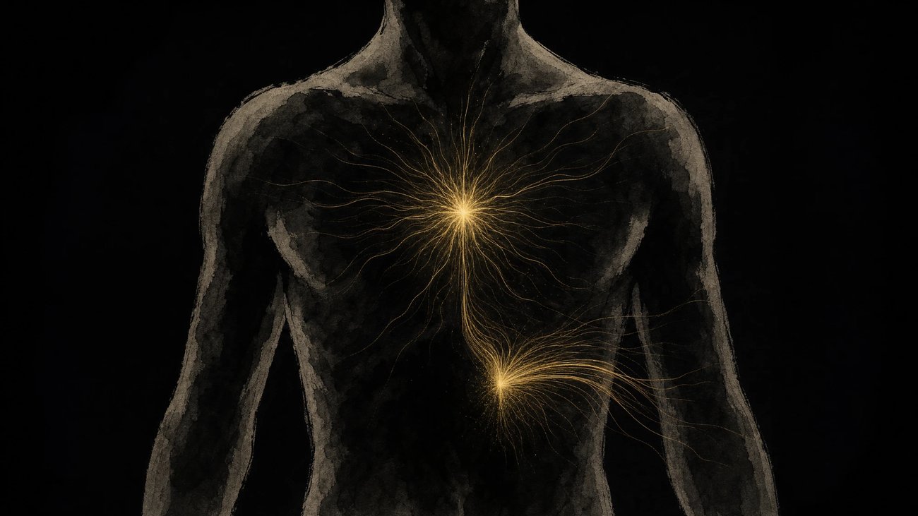 A human torso in dark ink silhouette, two distinct streams of fine gold light radiating outward — one from beneath the right ribs, one from the center of the chest