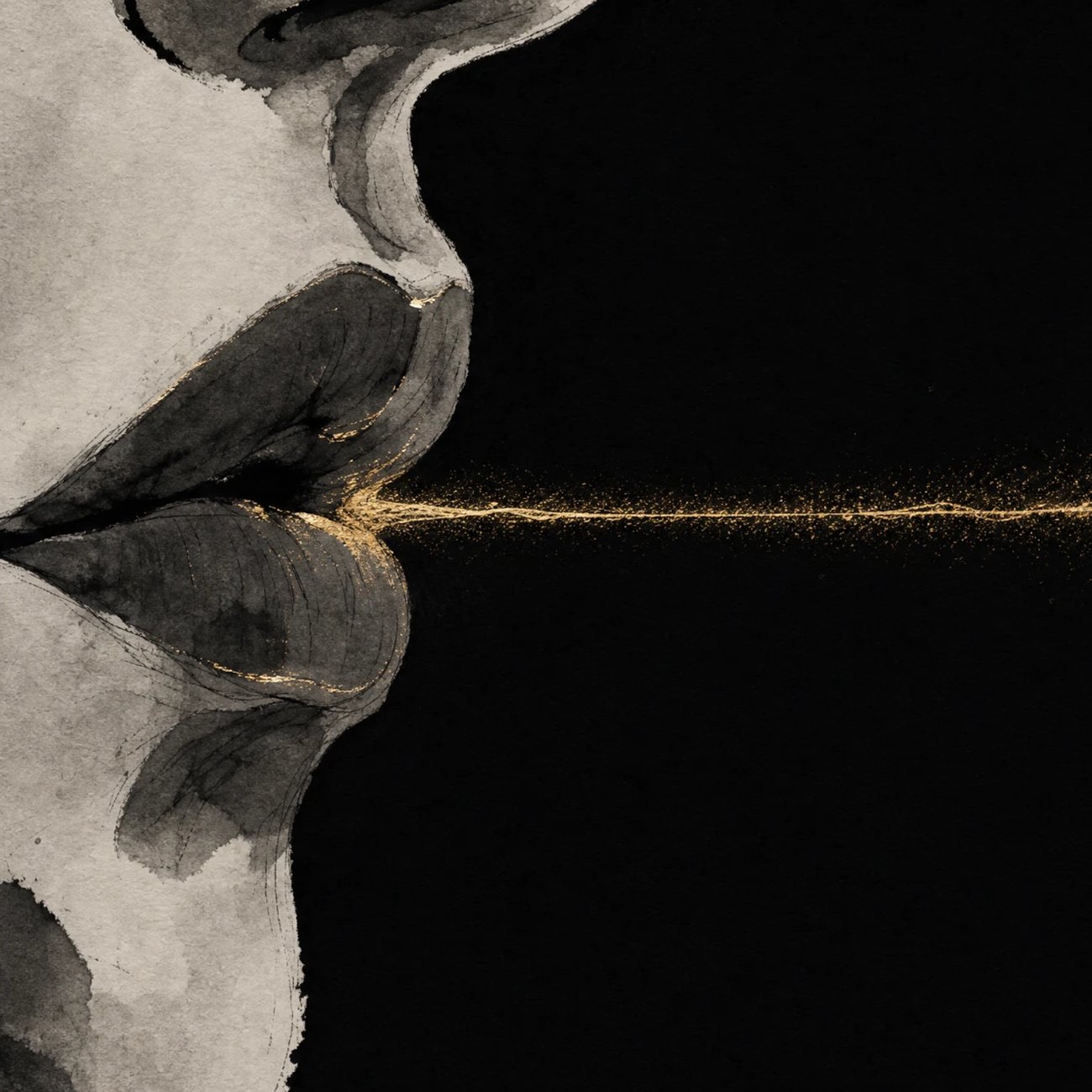 Close-up of lips mid-exhale in dark ink linework, a thin stream of fine gold breath leaving in a controlled line