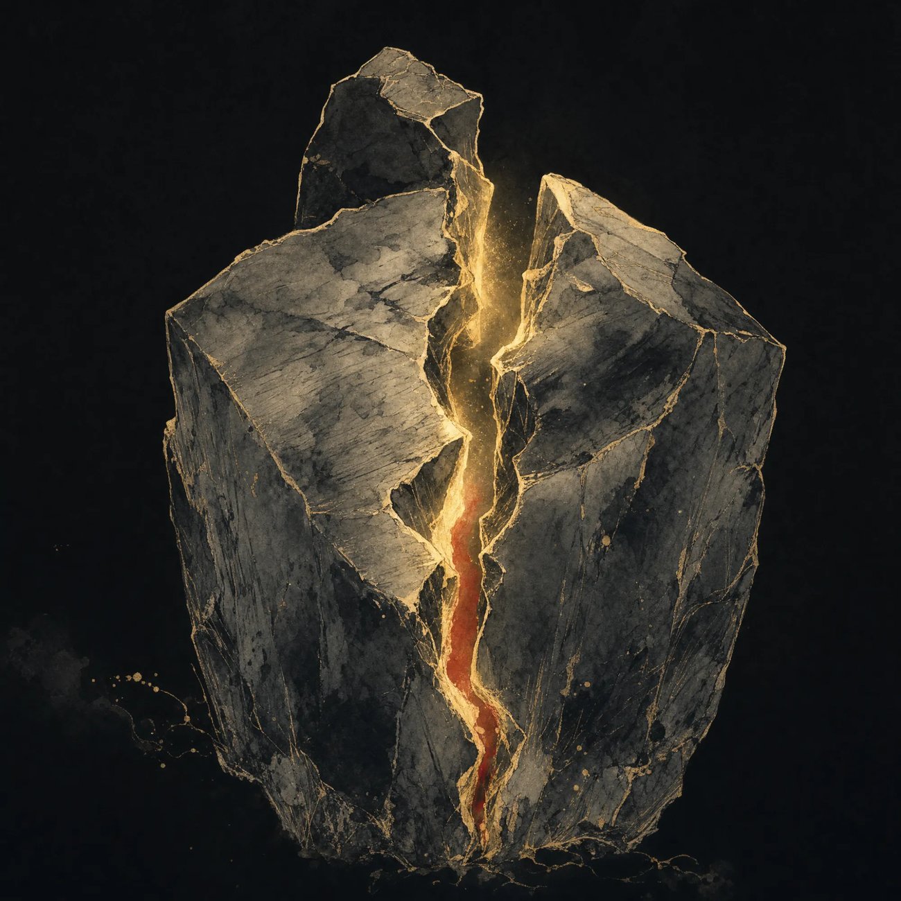 A jagged block of ice rendered in dark ink linework with a single crack down its center glowing warm gold