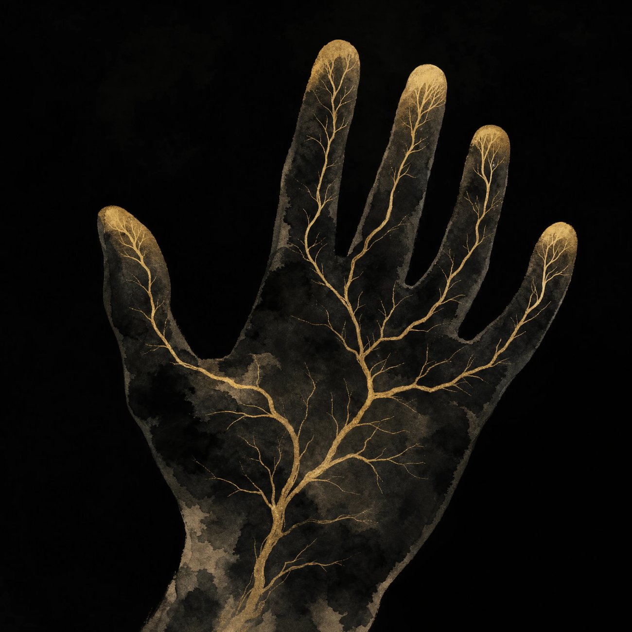 Close-up of an open hand in dark ink silhouette with fine branching gold lines running through the fingers like a river delta