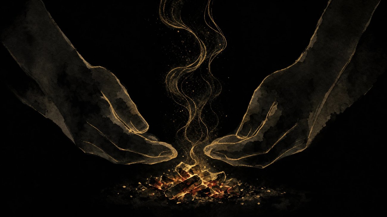 Two cupped hands in dark ink silhouette held above a small cluster of glowing embers, warmth rising in fine gold lines