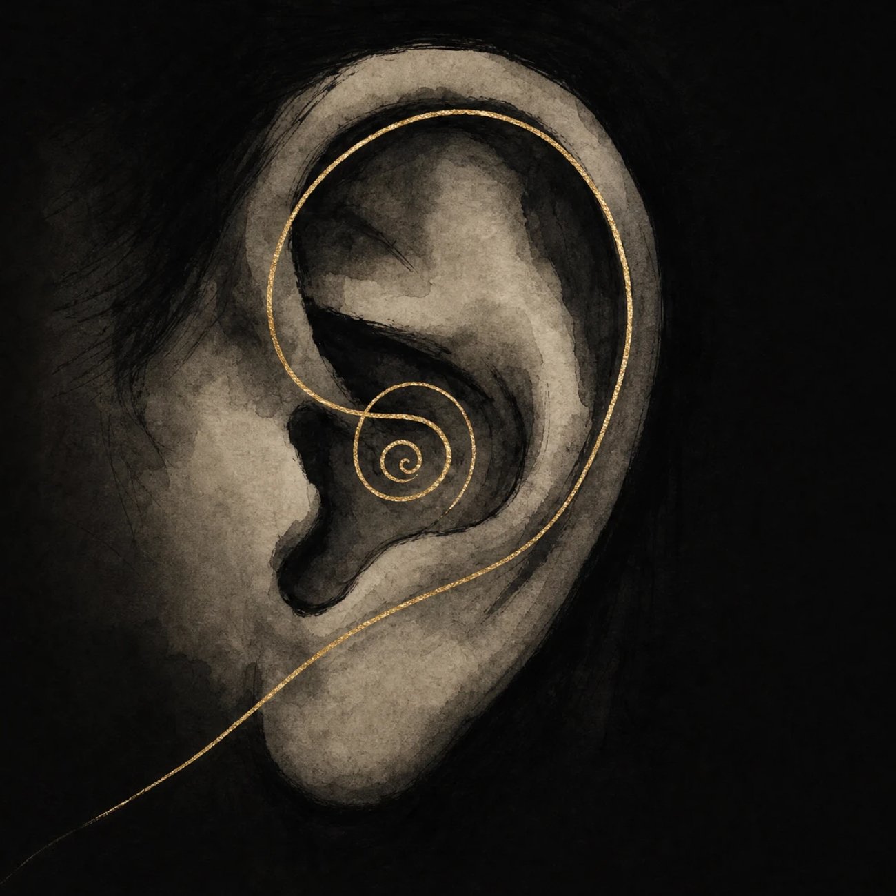 Close-up of a human ear in dark ink linework, a fine spiral of gold thread curling inward from the outer ear toward the center