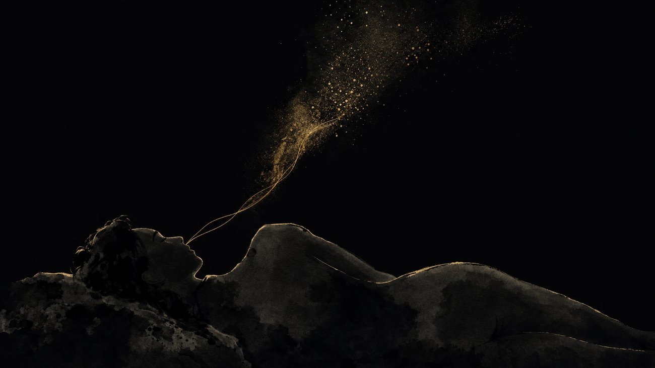 A reclining figure in dark ink silhouette, a thread of gold breath rising from the nose and dissolving into scattered gold particles