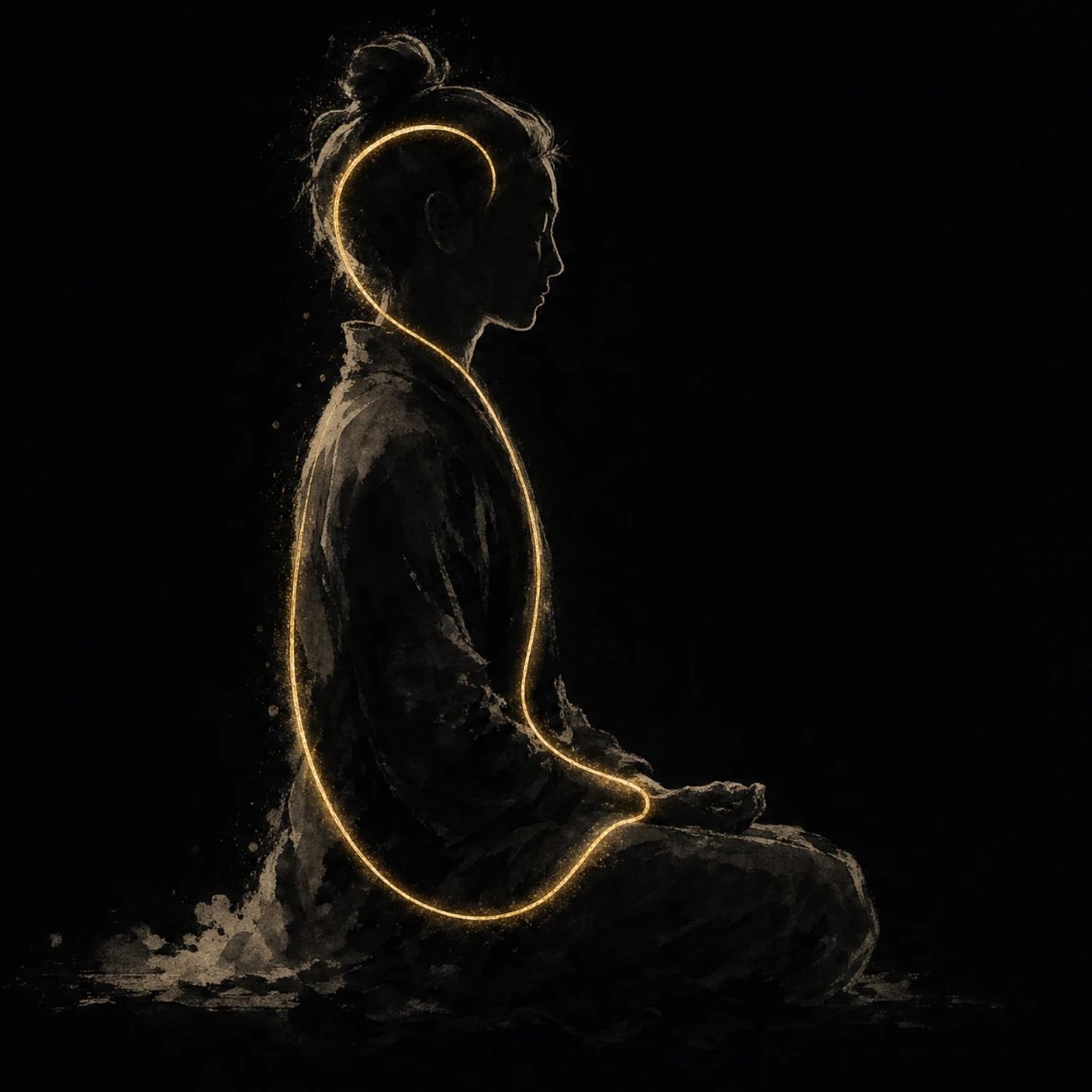 A seated figure in dark ink silhouette viewed from the side, a single unbroken loop of gold light tracing up the spine, over the crown, and down the front of the torso