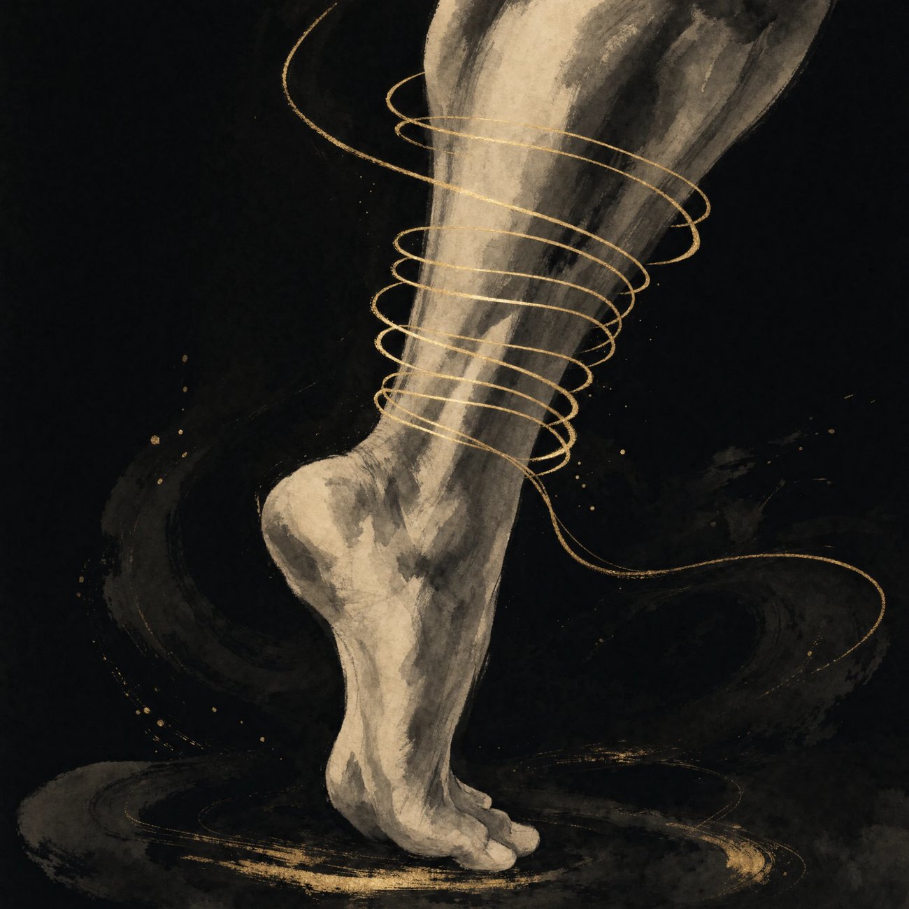 Close-up of a bare ankle and calf mid-flex with toes pointed, a spiral of fine gold thread wound around the calf muscle like a coil compressing and releasing