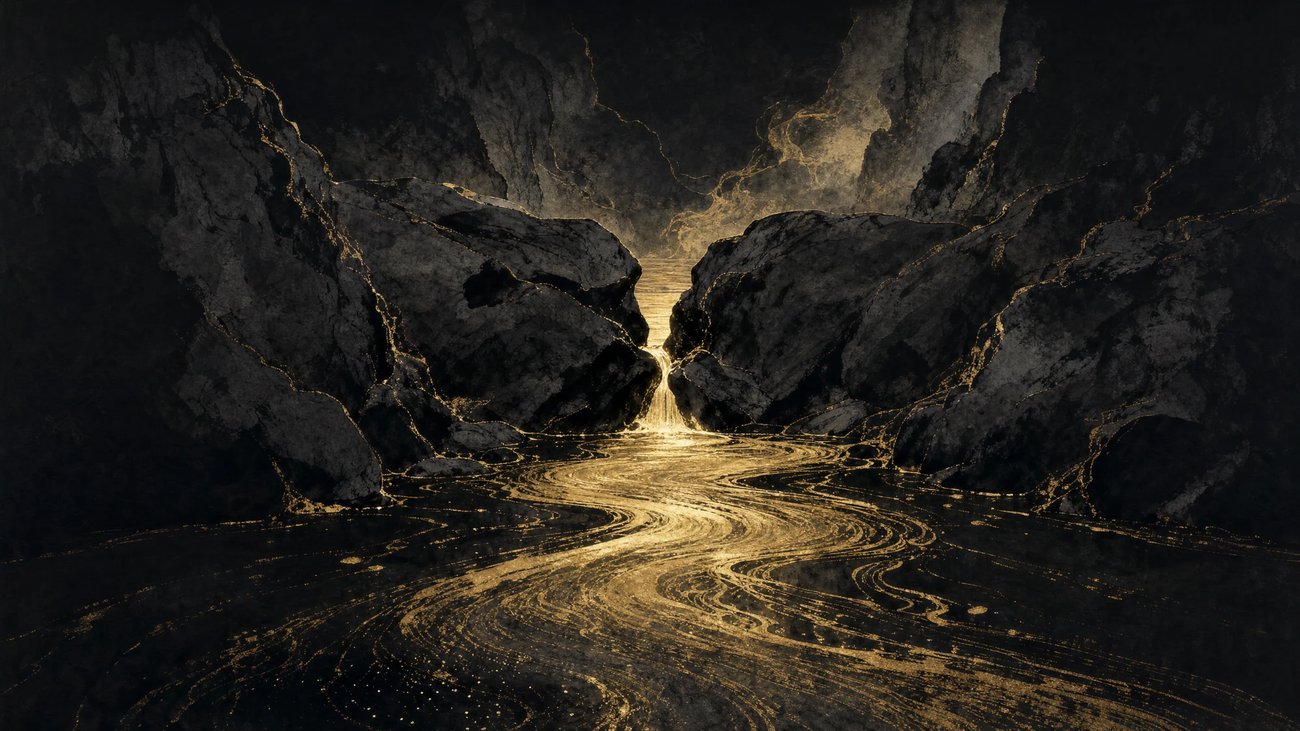 A narrow mountain gorge with dark boulders partially damming a channel of glowing gold water, pooling and straining through the gap before flowing freely downstream