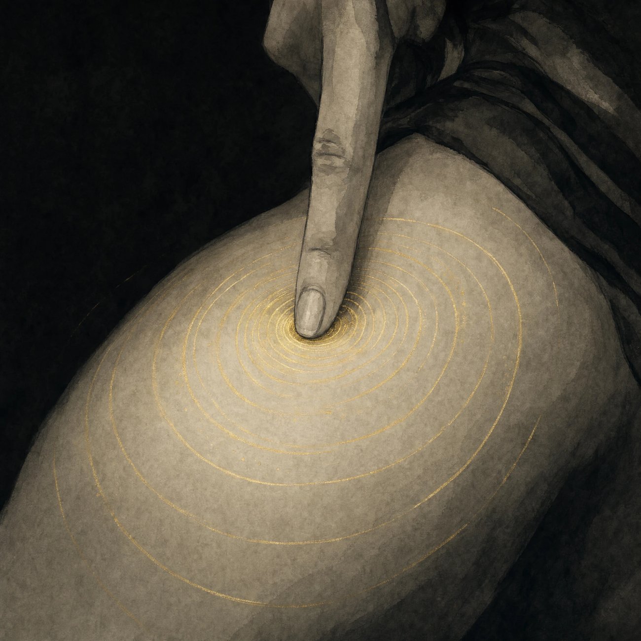Close-up of a fingertip pressing into the skin of an inner thigh, fine concentric gold ripples radiating outward from the point of contact like a stone dropped in still water