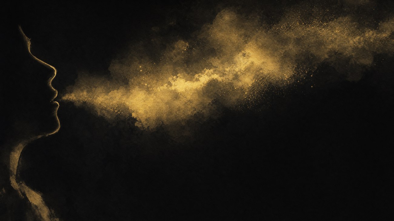 A silhouette of a person exhaling, breath rendered as fine golden mist against a dark background