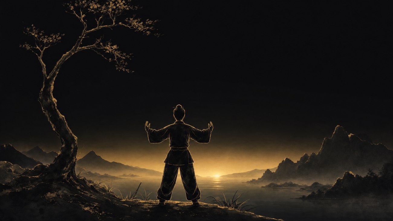 A figure standing in a relaxed qigong posture at dawn, facing a misty lake and mountains
