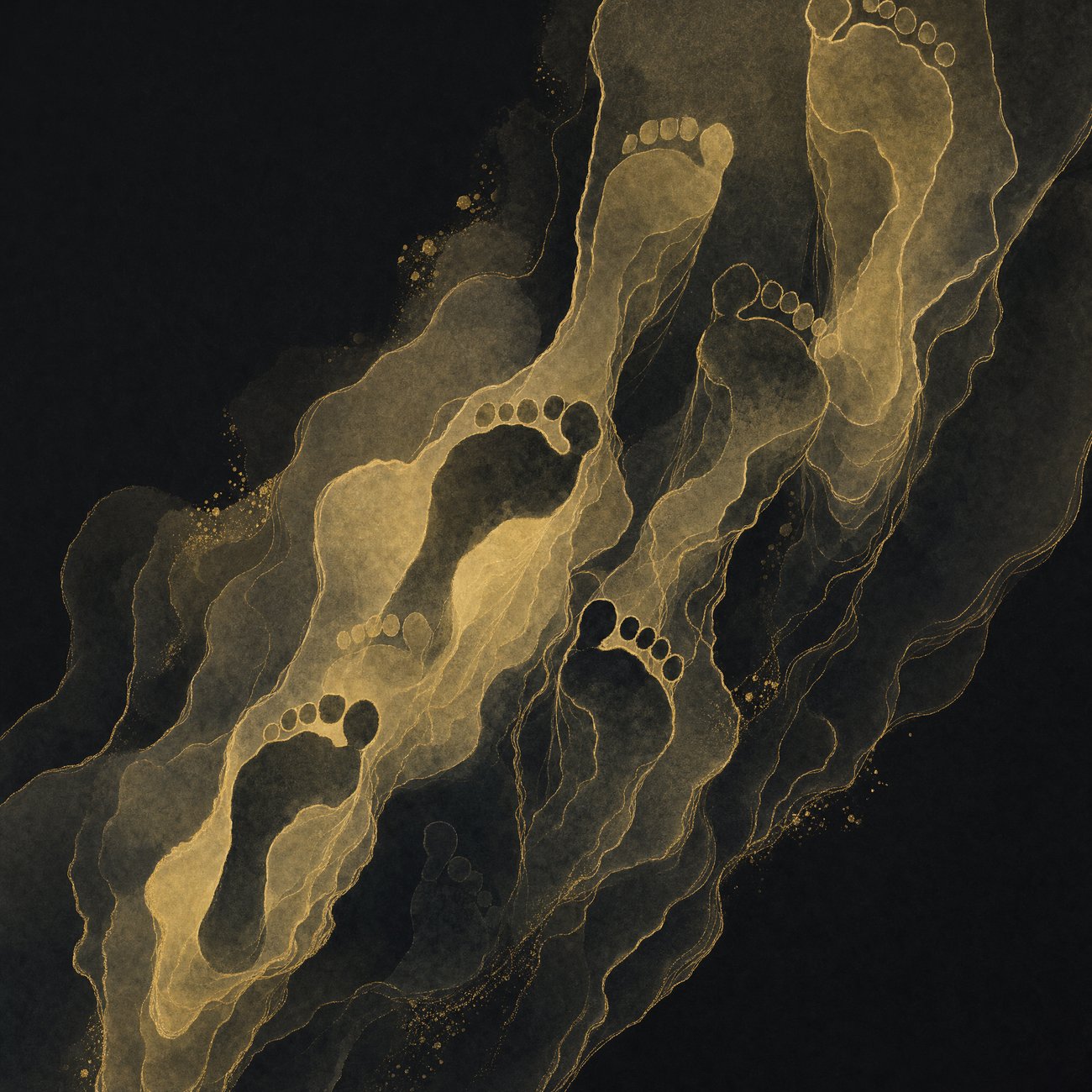 Abstract overlapping footprints rendered as layered translucent gold ink strata against a near-black background