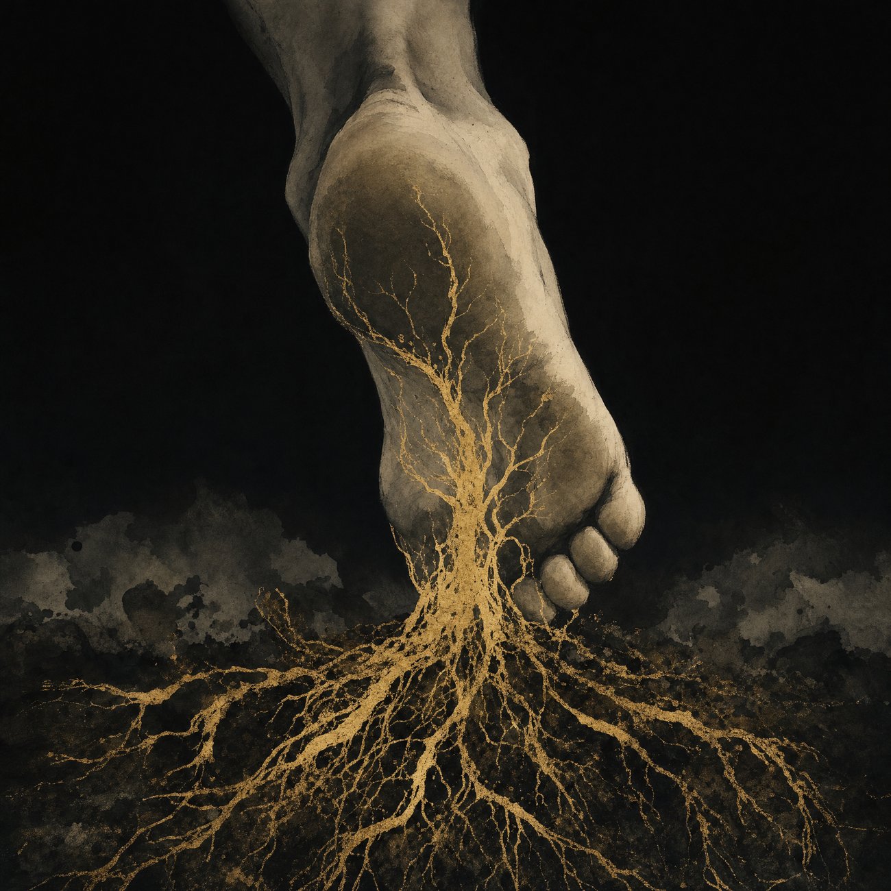 Close-up of a bare foot mid-step, the sole dissolving into fine gold roots spreading down into dark soil