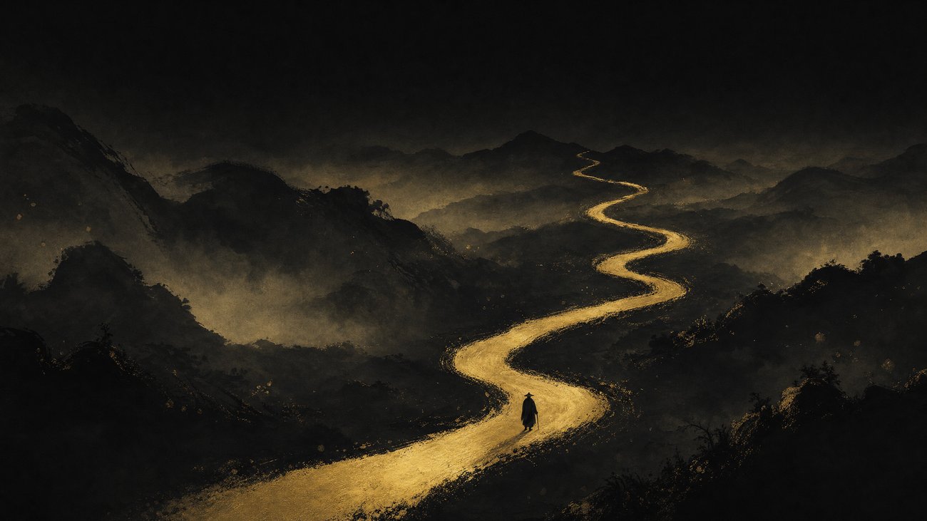 A single winding gold path disappearing into misty dark hills, with a lone figure walking slowly along it